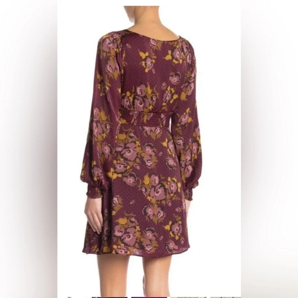 Free People Morning Light Minidress Purple Floral Long‎ Sleeve Size 8
